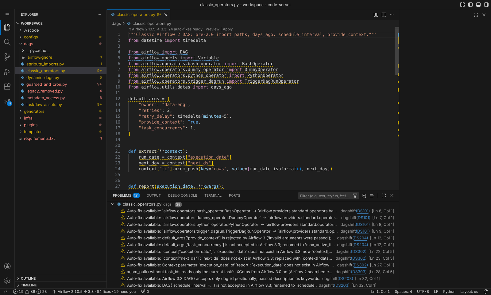 dagshift in VS Code: findings, status bar and a diff